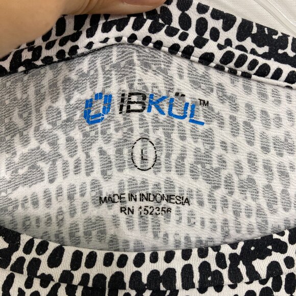 IBKUL Large Black White Abstract Stretch Crew Neck Long Sleeve Top Golf Active - Picture 2 of 8